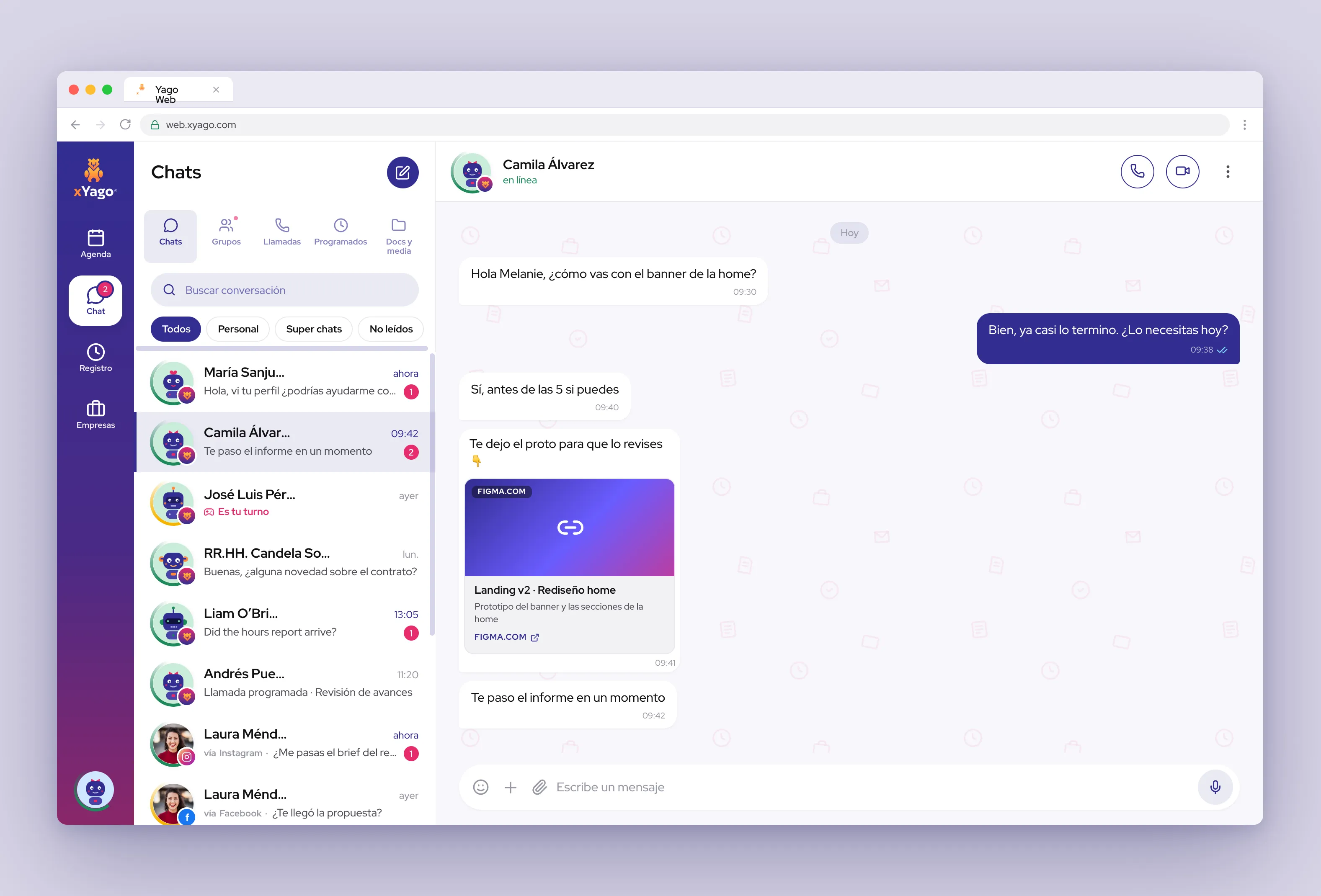 xYago Chat Web im Browser: Inbox und geöffneter Chat